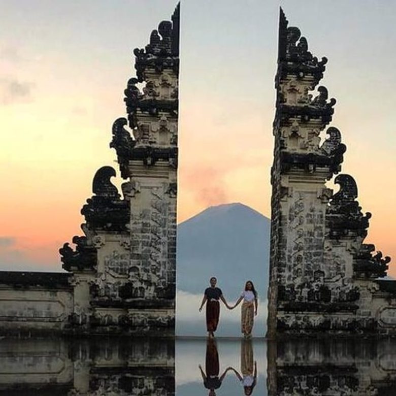 Iconic Gate of Heaven Lempuyang Temple with Mount Agung reflection, Bali